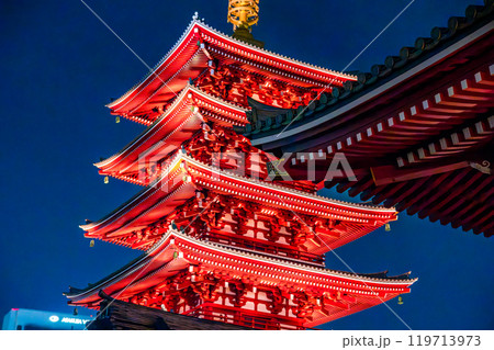 Senso-ji temple by night in Asakusa, Taito City, Tokyo, Japan 119713973