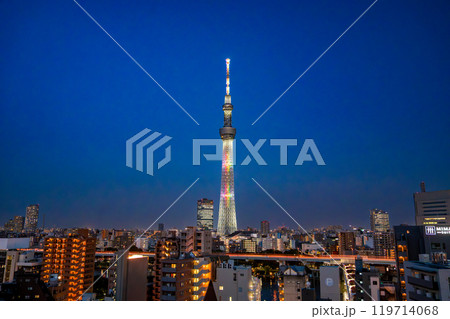 View of Tokyo SkyTree in Sumida City, Tokyo, Japan View of Tokyo SkyTree in Sumida City, Tokyo, Japan 119714068