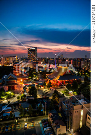 Senso-ji temple by night in Asakusa, Taito City, Tokyo, Japan 119714101