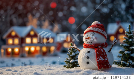 snowy scene with vibrant Christmas decorations 119714128