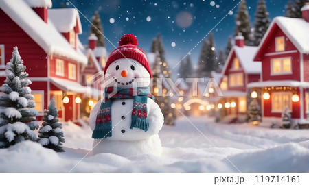 snowy scene with vibrant Christmas decorations 119714161
