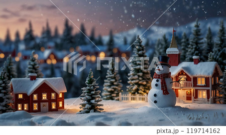 snowy scene with vibrant Christmas decorations 119714162