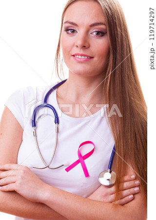 Woman with pink ribbon aids symbol and stethoscope on chest. Woman with pink ribbon aids symbol and stethoscope on chest. 119714297