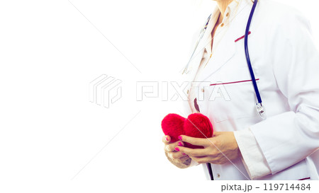 Female cardiologist with red heart. 119714484