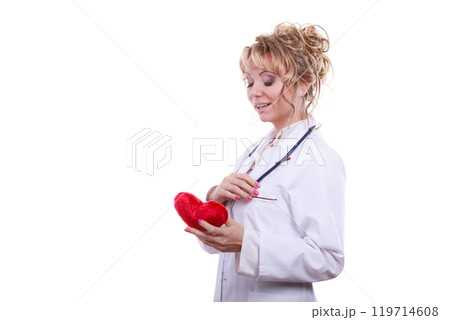 Female cardiologist with red heart. 119714608
