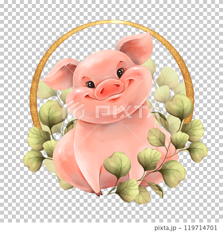 Cut pig with green leaves. Spring illustration, isolated on white. 119714701