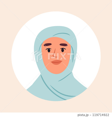 Beautiful arabic girl avatar. Muslim covered woman portrait, female character wearing hijab, stunning woman face flat vector illustration. Young lady avatar Beautiful arabic girl avatar. Muslim covered woman portrait, female character wearing hijab, stunning woman face flat vector illustration. Young lady avatar 119714922