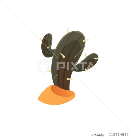 Desert cactus on sand vector flat icon, succulent spiny green plant, cartoon tropical Cacti, summer nature game props Desert cactus on sand vector flat icon, succulent spiny green plant, cartoon tropical Cacti, summer nature game props 119714983