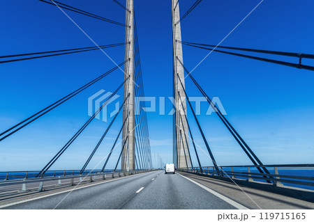 High-speed road bridge view from a fast-moving car. 119715165
