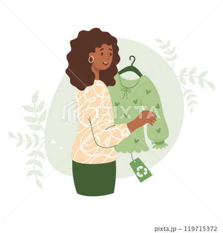 Sustainable Shopping. Eco friendly clothing. Happy black ethnic woman buying recycling textile, blouse. Recycle and environmental care concept on fashion and green technologies. Vector illustration. Sustainable Shopping. Eco friendly clothing. Happy black ethnic woman buying recycling textile, blouse. Recycle and environmental care concept on fashion and green technologies. Vector illustration. 119715372