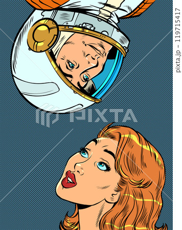 Communication between space and earth. The astronaut is on top, and the woman is looking at him. Connections without limits. Communication between space and earth. The astronaut is on top, and the woman is looking at him. Connections without limits. 119715417
