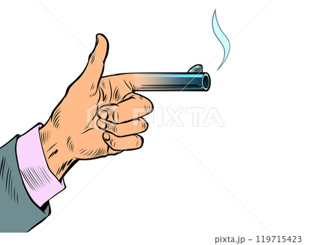 Hand gesture gun. Discounts and promotions for business clients. Indication of a profitable offer. 119715423