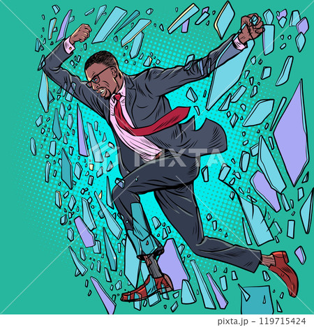 Breaking social shackles. Office man breaks glass. Striving to climb the career ladder. Breaking social shackles. Office man breaks glass. Striving to climb the career ladder. 119715424