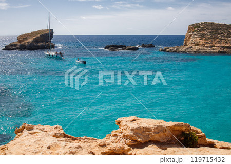Blue Lagoon in Malta panoramic top view 119715432