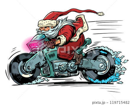 Fast delivery of gifts for New Year and Christmas. Santa Claus rides a cyber motorcycle. Hurry up for discounts and special offers. 119715482