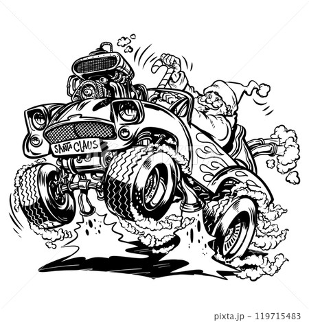 Delivery of New Year Christmas gifts by car. Santa Claus drives a cool car. Car service in winter, repair and change of tires. 119715483