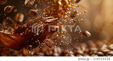 Coffee drink in motion poster with Coffee Beans, coffee splash in a cup, Earthy and Warm Colors, Minimalist Design, banner Coffee drink in motion poster with Coffee Beans, coffee splash in a cup, Earthy and Warm Colors, Minimalist Design, banner 119715539