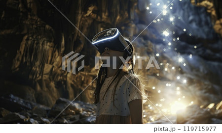 A child experiencing virtual reality in a mystical cave environment. 119715977