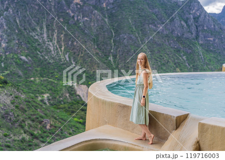 Female tourist at the hot springs of Grutas Tolantongo, Mexico. Adventure, relaxation, and natural wellness concept 119716003