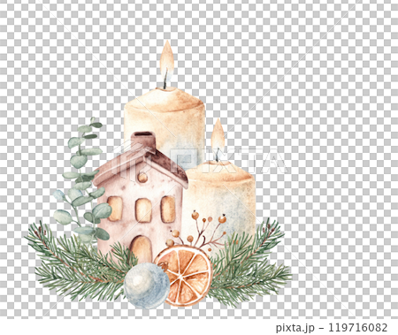 Christmas Advent Composition. Two Candles with Ceramic house in Fir Branches and eucalyptus. Orange slice and Winter berries. Cozy home decoration in Rustic style. Watercolor Hand drawn illustration 119716082