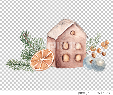 Christmas Composition. Ceramic house with Fir Branches, glass baubles, orange slice and eucalyptus. Cozy home decoration in Rustic style. Hand drawn Watercolor illustration isolated on white Christmas Composition. Ceramic house with Fir Branches, glass baubles, orange slice and eucalyptus. Cozy home decoration in Rustic style. Hand drawn Watercolor illustration isolated on white 119716085
