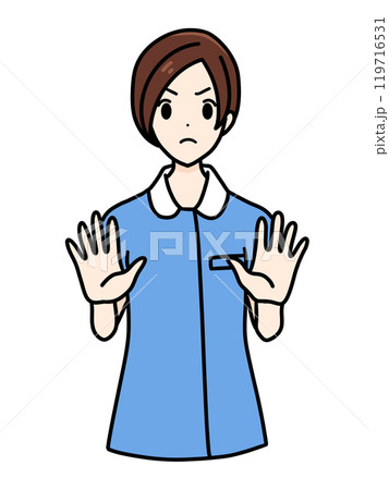 女性看護師の正面立ちポーズ 上半身 青 拒否するポーズ 女性看護師の正面立ちポーズ 上半身 青 拒否するポーズ 119716531