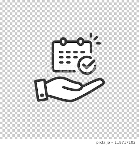 手のひらに乗せたカレンダーとチェックマークのアイコン(線画・白黒) 手のひらに乗せたカレンダーとチェックマークのアイコン(線画・白黒) 119717102