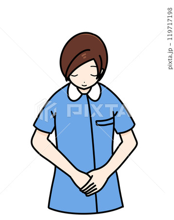 女性看護師の正面立ちポーズ 上半身 青 お辞儀 女性看護師の正面立ちポーズ 上半身 青 お辞儀 119717198