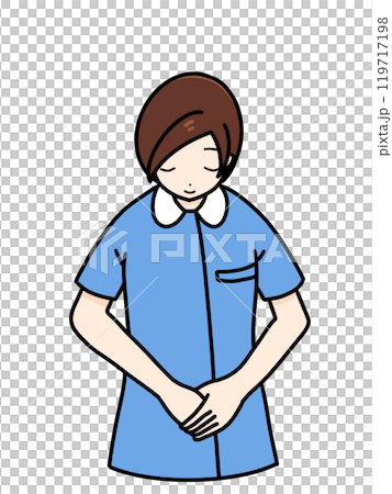 女性看護師の正面立ちポーズ 上半身 青 お辞儀 女性看護師の正面立ちポーズ 上半身 青 お辞儀 119717198