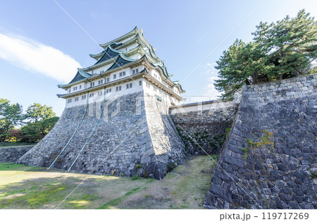 愛知県名古屋市　快晴の名古屋城天守と石垣 119717269