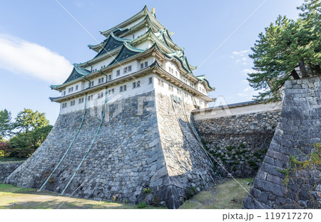 愛知県名古屋市　快晴の名古屋城天守と石垣 119717270