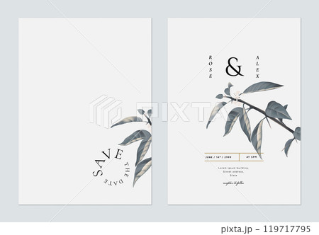 Minimalist foliage wedding invitation card template design, blue lime leaves on light grey 119717795