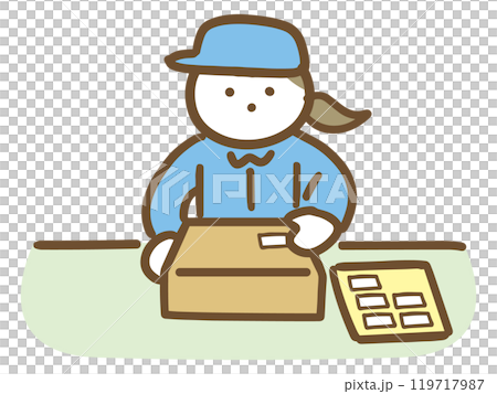 A woman in work clothes sticking a sticker on a box 119717987