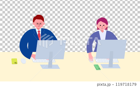 オフィスでスーツを着た男女がPCで仕事に集中しているイラスト オフィスでスーツを着た男女がPCで仕事に集中しているイラスト 119718179