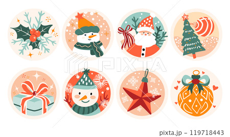 Set of isolated Christmas and New Year label in cute doodle style on transparent background. Volume 2 : Pastel red, green and pink tone colors. 119718443