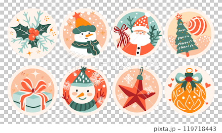 Set of isolated Christmas and New Year label in cute doodle style on transparent background. Volume 2 : Pastel red, green and pink tone colors. 119718443