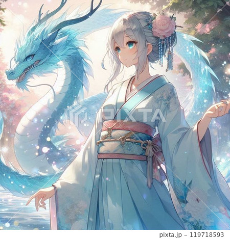 青龍と着物姿の女の子 119718593