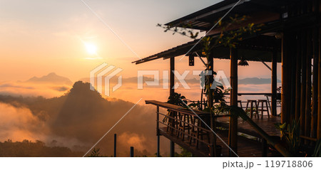 Morning view of fog and mountains from the balcony Morning view of fog and mountains from the balcony 119718806