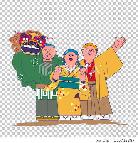 People in traditional Japanese clothing and lion dancing People in traditional Japanese clothing and lion dancing 119718887