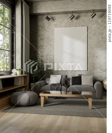 A modern grey apartment living room features a grey sofa with pillow and modern home decor. A modern grey apartment living room features a grey sofa with pillow and modern home decor. 119719088