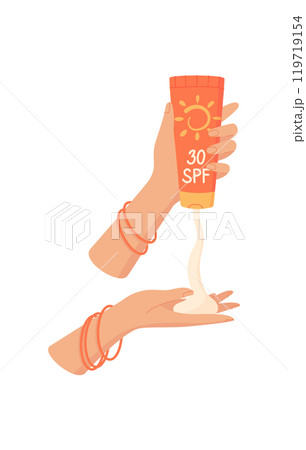 Hand squeeze spf lotion product, flat uv factor protection oil container, vector spf lotion product, creative solar block moisturizer bottle, cartoon sunblock cream tube, 119719154