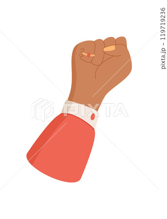 Man fist power sign, right activist hold revolution fist, character raise solidarity arm, human show up protest gesture, man holds support sign, person holding strength symbol, 119719236