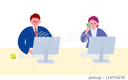 オフィスでPCで仕事に集中しているスーツの男性とスマホで通話しているスーツの女性のイラスト オフィスでPCで仕事に集中しているスーツの男性とスマホで通話しているスーツの女性のイラスト 119719270