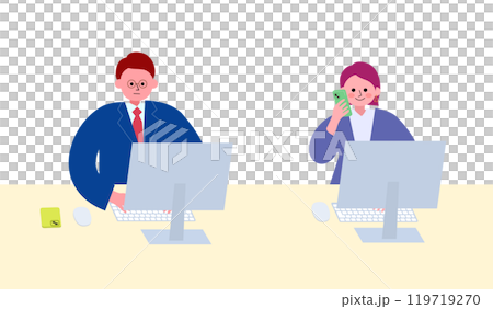 オフィスでPCで仕事に集中しているスーツの男性とスマホで通話しているスーツの女性のイラスト オフィスでPCで仕事に集中しているスーツの男性とスマホで通話しているスーツの女性のイラスト 119719270