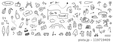 手書きの旅行イラスト。楽しくてかわいいイラストのセット。夏のバカンス、ビーチや買い物、食事や交通。 手書きの旅行イラスト。楽しくてかわいいイラストのセット。夏のバカンス、ビーチや買い物、食事や交通。 119719409