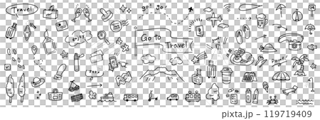 手書きの旅行イラスト。楽しくてかわいいイラストのセット。夏のバカンス、ビーチや買い物、食事や交通。 手書きの旅行イラスト。楽しくてかわいいイラストのセット。夏のバカンス、ビーチや買い物、食事や交通。 119719409