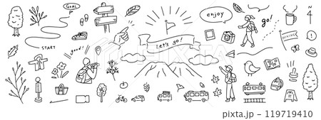 手書きのハイキングイラスト。楽しくてかわいいイラストのセット。山に登ってリラックスする週末。自然観測 119719410