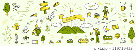 手書きのハイキングイラスト。楽しくてかわいいイラストのセット。山に登ってリラックスする週末。自然観測 119719412