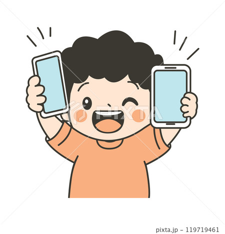 Cute Curly Haired Kid Boy Character Holding Gadget Handphone with Happy Expression Cute Curly Haired Kid Boy Character Holding Gadget Handphone with Happy Expression 119719461