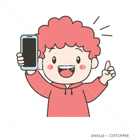 Cute Curly Haired Kid Boy Character Holding Gadget Handphone with Happy Expression Cute Curly Haired Kid Boy Character Holding Gadget Handphone with Happy Expression 119719468